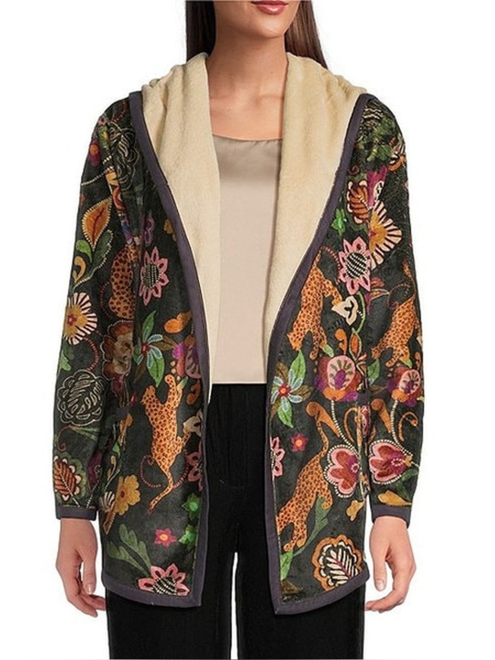 JOHNNY WAS Joan Sherpa Reversible  Jacket Floral Printed Long Sleeve Hooded xs